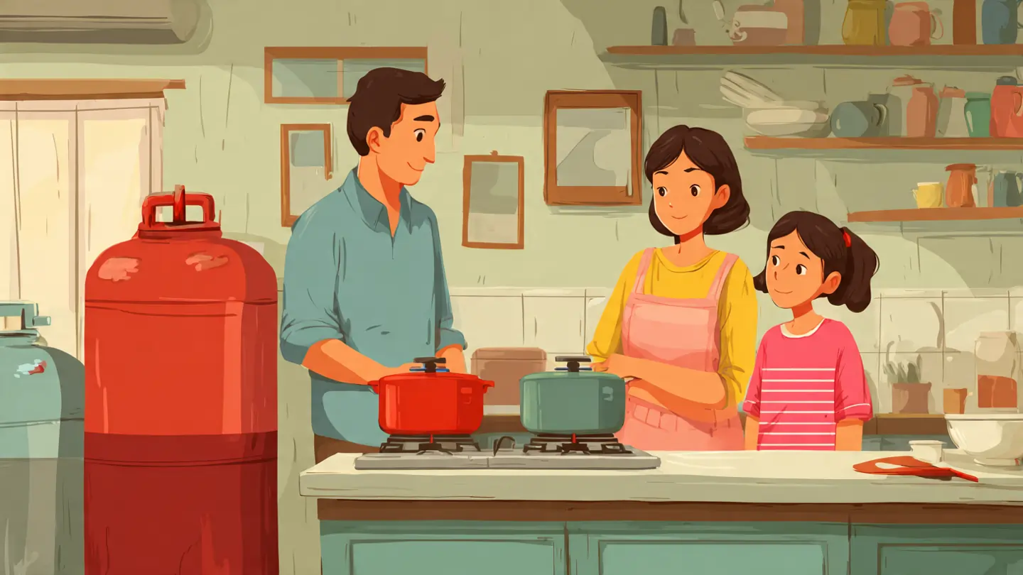 Family following LPG Gas Cylinder Safety tips in kitchen