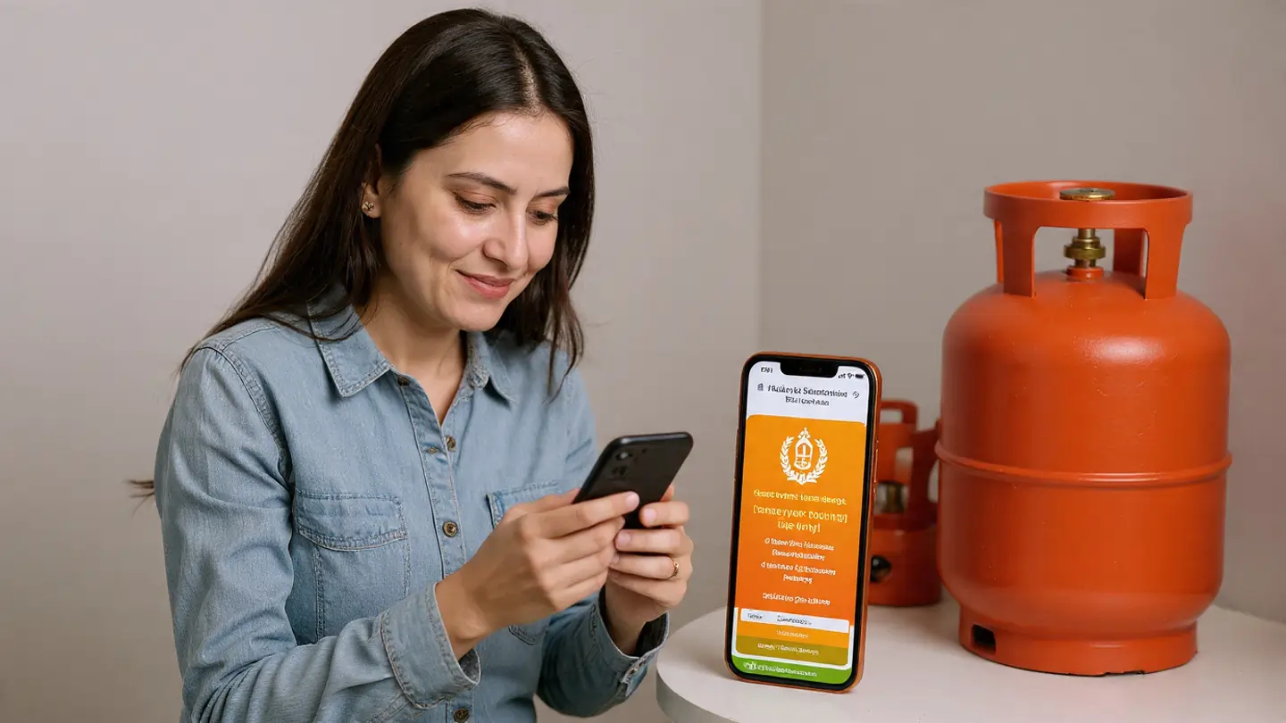 Woman checking LPG Gas Subsidy 2025 on mobile near LPG cylinder