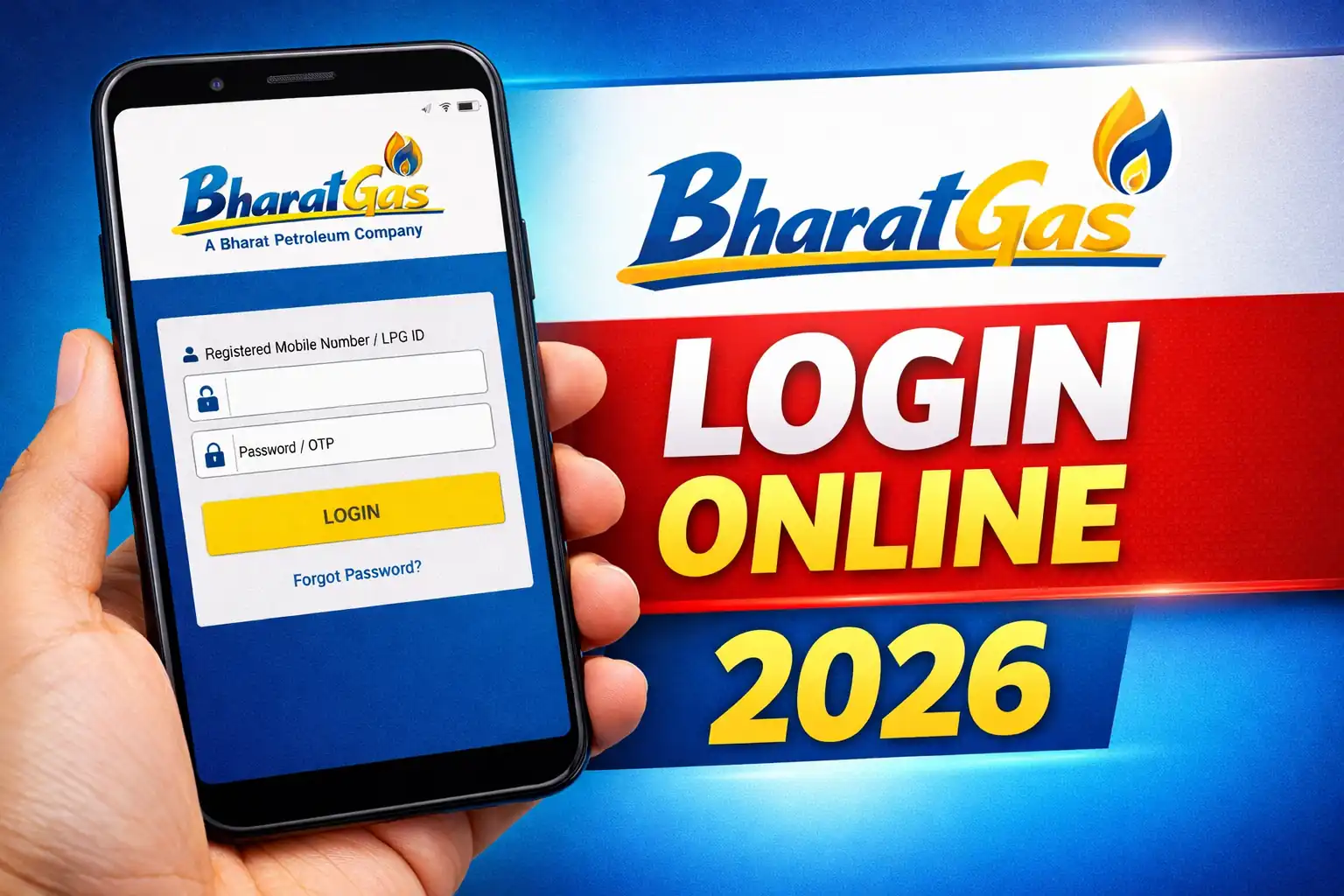Alt Text: Bharat Gas login online 2026 mobile portal guide with login screen and Bharat Gas logo