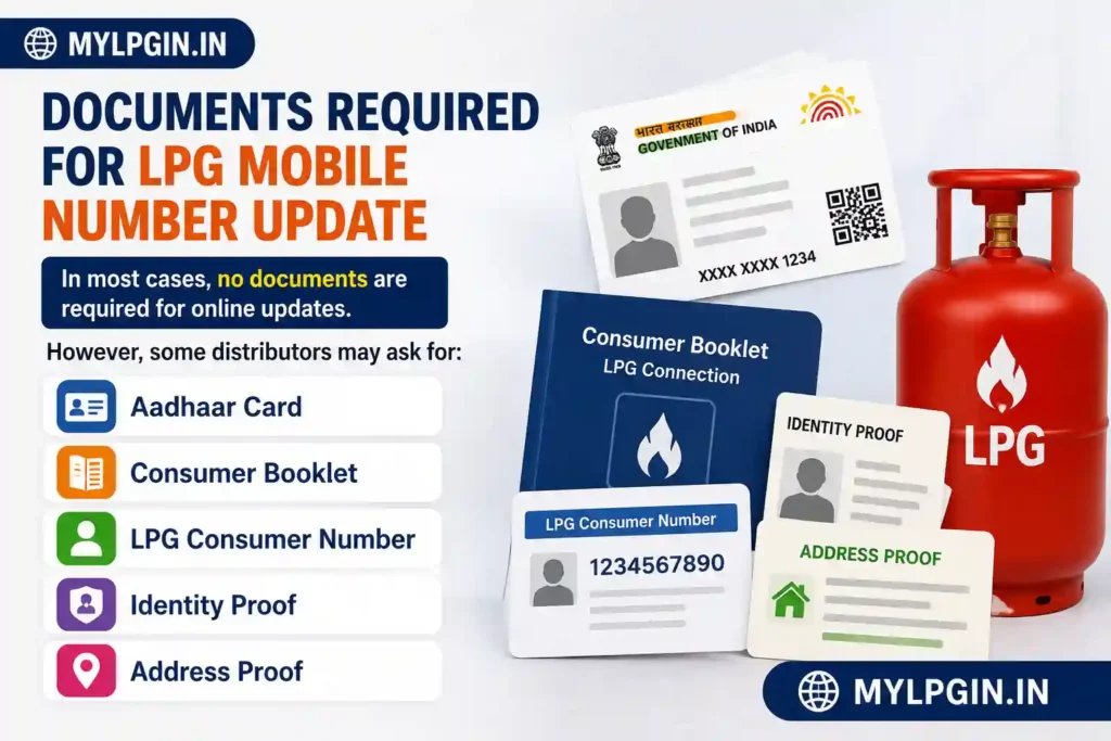Documents Required for LPG Mobile Number Update – Aadhaar Card, Consumer Booklet, LPG Consumer Number, Identity Proof and Address Proof